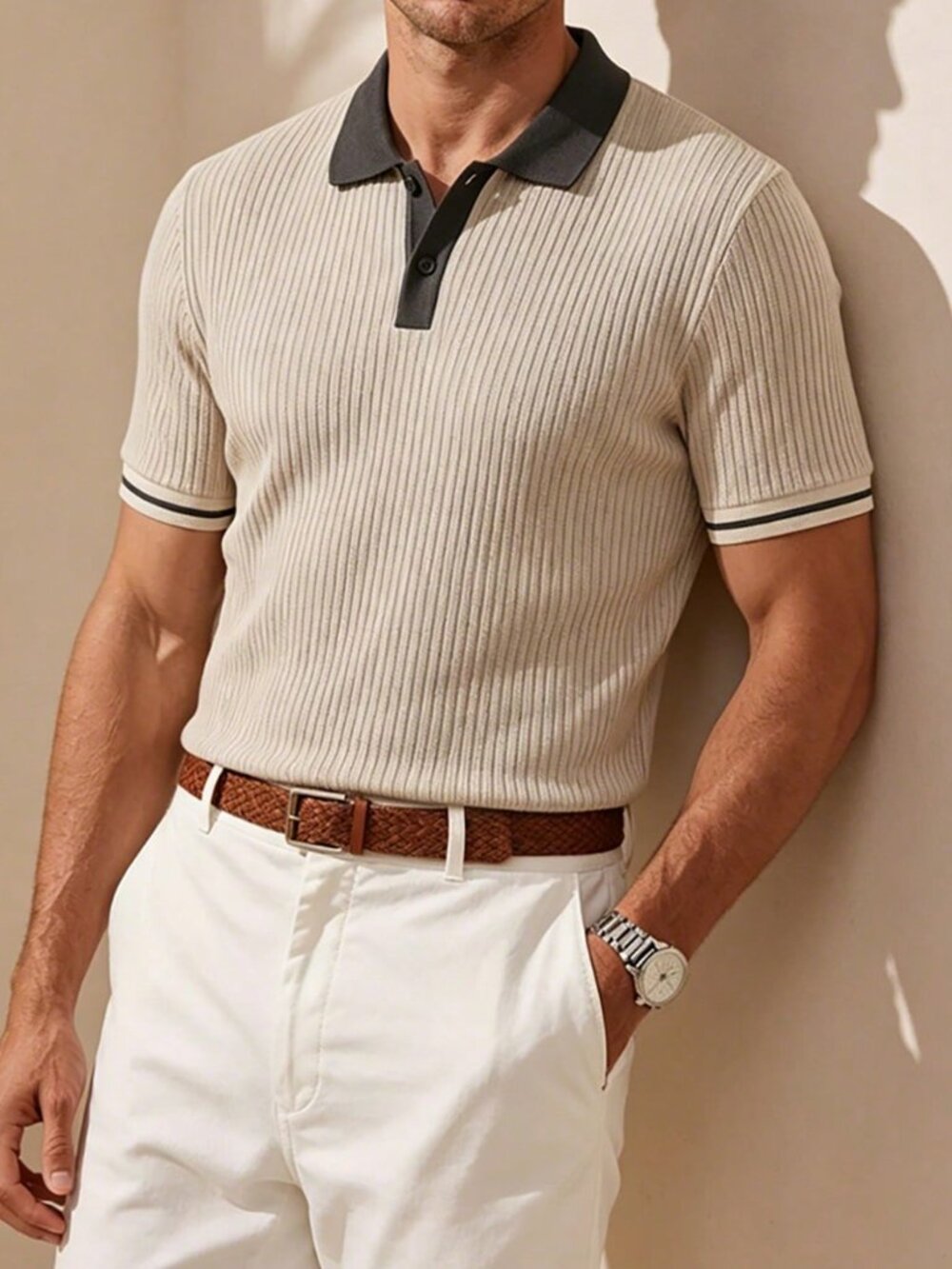 Apricot Sports Men's Classic Ribbed Contrast Color Knitted Polo Shirt